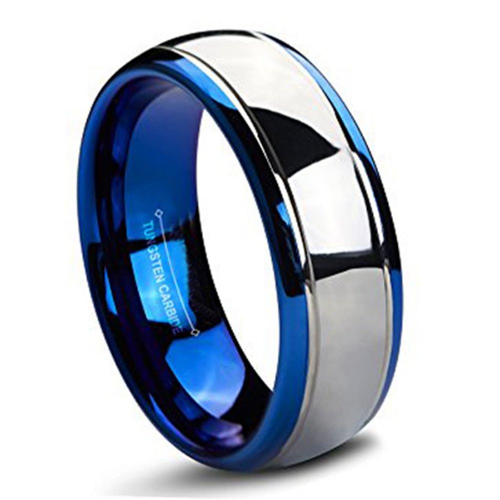 Men's Tungsten Wedding Band (8mm). Blue and Silver Dome Gunmetal Bridal Ring.
